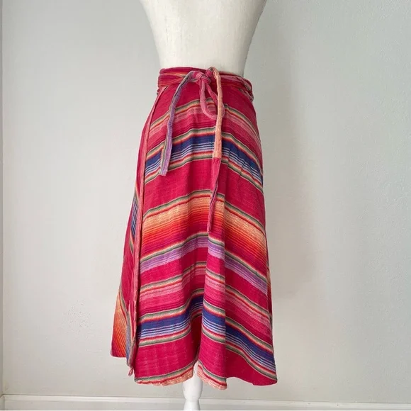 VINTAGE SARAPE COTTON WRAP SKIRT RAINBOW MULTICOLOR STRIPED MIDI - Picture 9 of 13